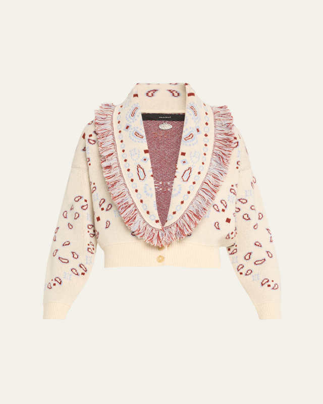Jacquard Bandana Fringe Wool Cashmere Bomber Cardigan, White